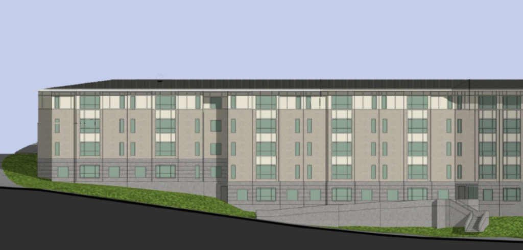 Illustration rendering of the initial 825 Drake Avenue housing project plans. This was the original plan including 74 units.